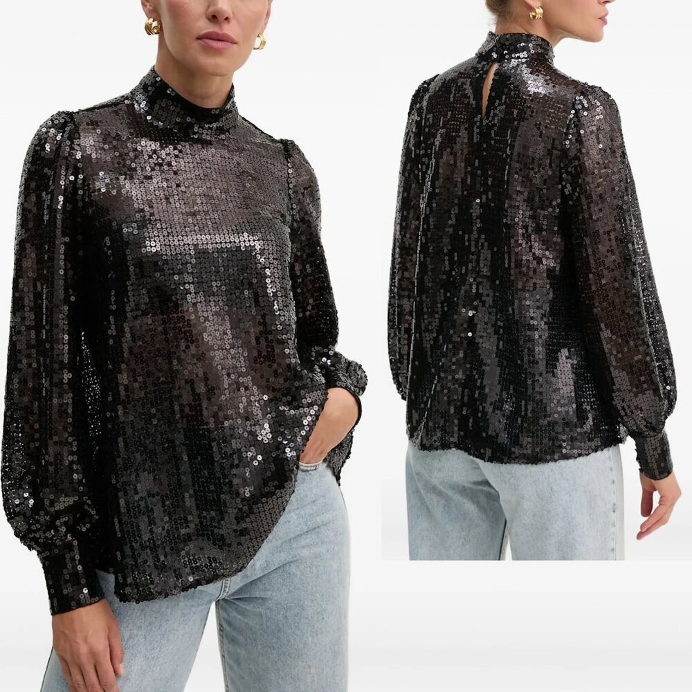 NWT New AllSaints Whitney Sequin High-Neck Blouse Size 12